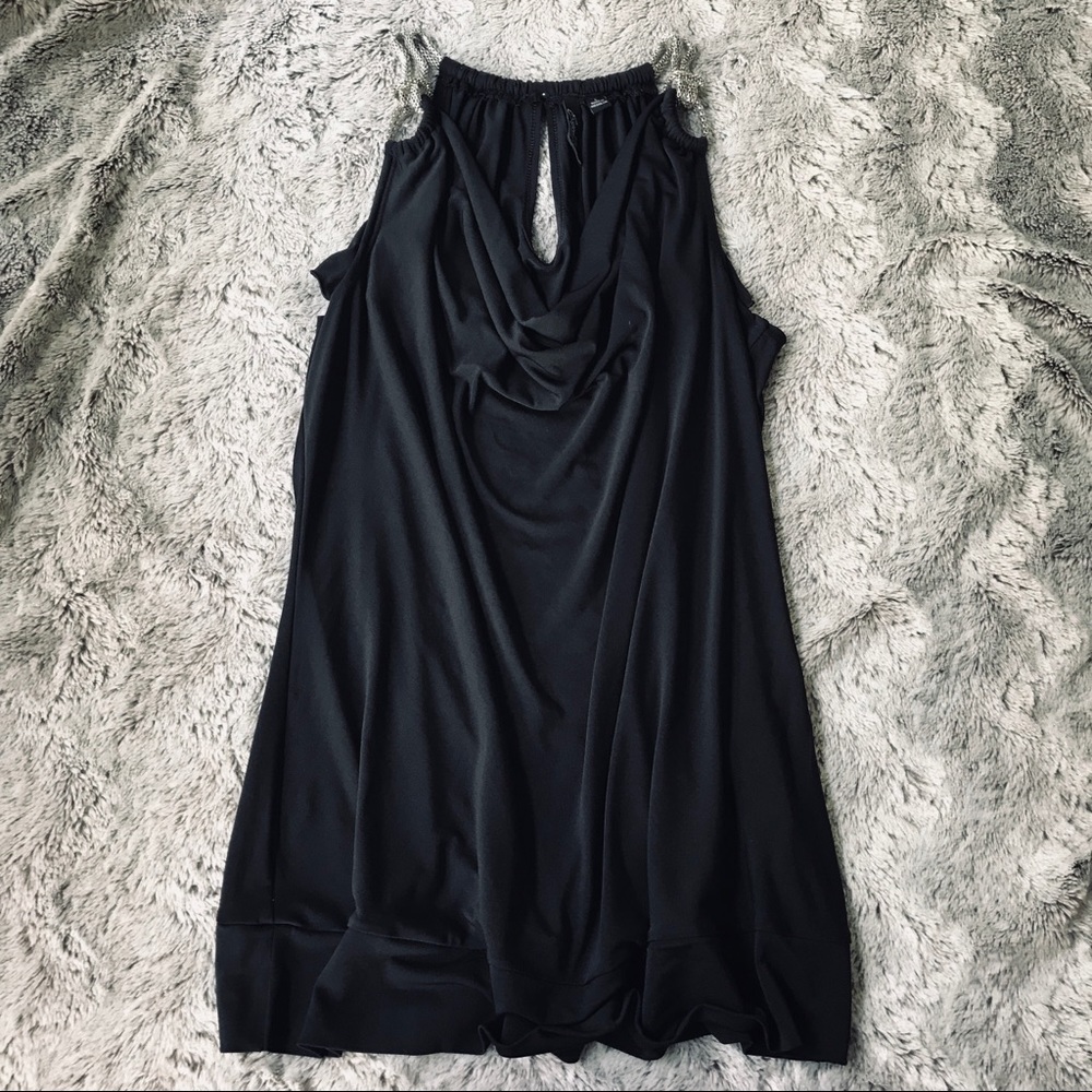 NWOT Essentials by Milano black tank with silver shoulder detail